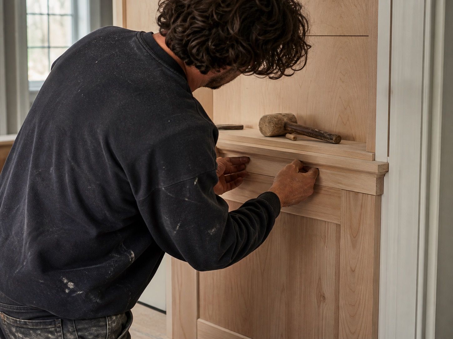 A craftsperson fitting a custom wood detail during installation
